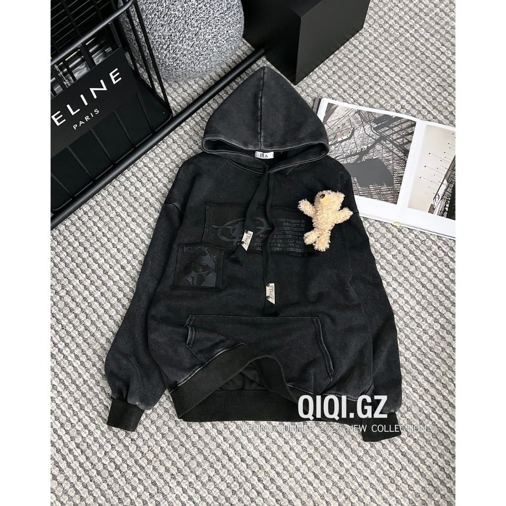 Best seller áo hoodie da cá kèm gấu freesize hàng QCCC
