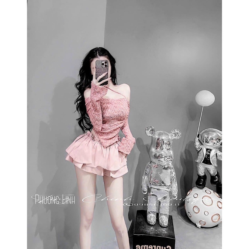 Sét Đồ Bộ Nữ, Sét áo Ren Dây Chéo Vạt Lệch Dài Tay Mix Chân Váy Xòe Ngắn 2 Tầng 3 Màu Trẻ Trung, Năng Động.