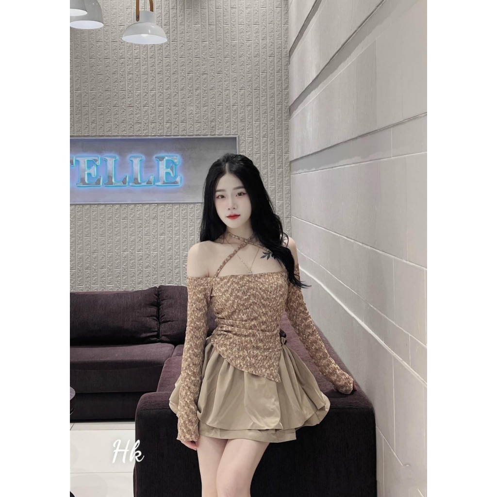 Sét Đồ Bộ Nữ, Sét áo Ren Dây Chéo Vạt Lệch Dài Tay Mix Chân Váy Xòe Ngắn 2 Tầng 3 Màu Trẻ Trung, Năng Động.