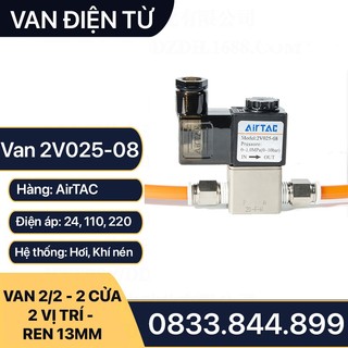 Van điện từ 2v025-08, van khí nén airtac 2 cửa 2 vị trí ren 13 cuộn coil 24v, 220v