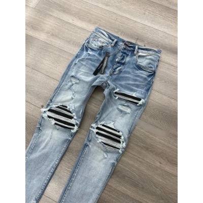 Quần AMIRI 4 Cúc Xanh Gối Vá Da Nhăn Quần Skinny Jean Amiri Nam Rách Gối Da Đen Trắng Đỏ Vá Họa Tiết Hot