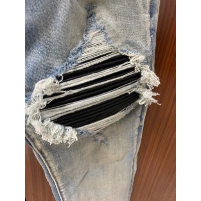 Quần AMIRI 4 Cúc Xanh Gối Vá Da Nhăn Quần Skinny Jean Amiri Nam Rách Gối Da Đen Trắng Đỏ Vá Họa Tiết Hot