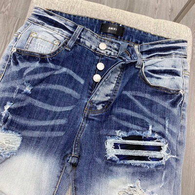 Quần AMIRI 4 Cúc Xanh Gối Vá Da Nhăn Quần Skinny Jean Amiri Nam Rách Gối Da Đen Trắng Đỏ Vá Họa Tiết Hot