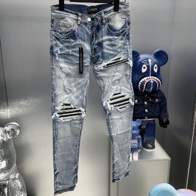 Quần AMIRI 4 Cúc Xanh Gối Vá Da Nhăn Quần Skinny Jean Amiri Nam Rách Gối Da Đen Trắng Đỏ Vá Họa Tiết Hot