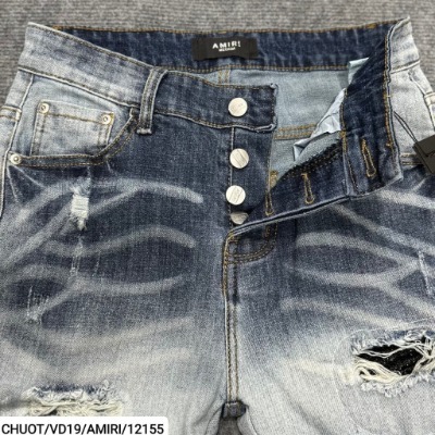 Quần AMIRI 4 Cúc Xanh Gối Vá Da Nhăn Quần Skinny Jean Amiri Nam Rách Gối Da Đen Trắng Đỏ Vá Họa Tiết Hot