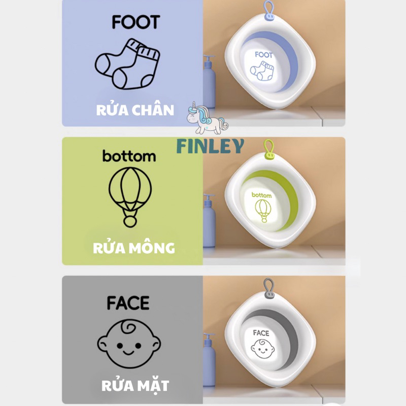 Thau chậu rửa mặt gấp gọn cho bé sơ sinh FINLEY Baby - Khủng long - Thỏ, thau rửa mặt gấp gọn cho bé, 3 màu pastel