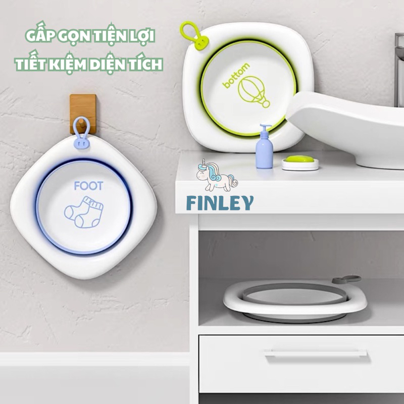 Thau chậu rửa mặt gấp gọn cho bé sơ sinh FINLEY Baby - Khủng long - Thỏ, thau rửa mặt gấp gọn cho bé, 3 màu pastel