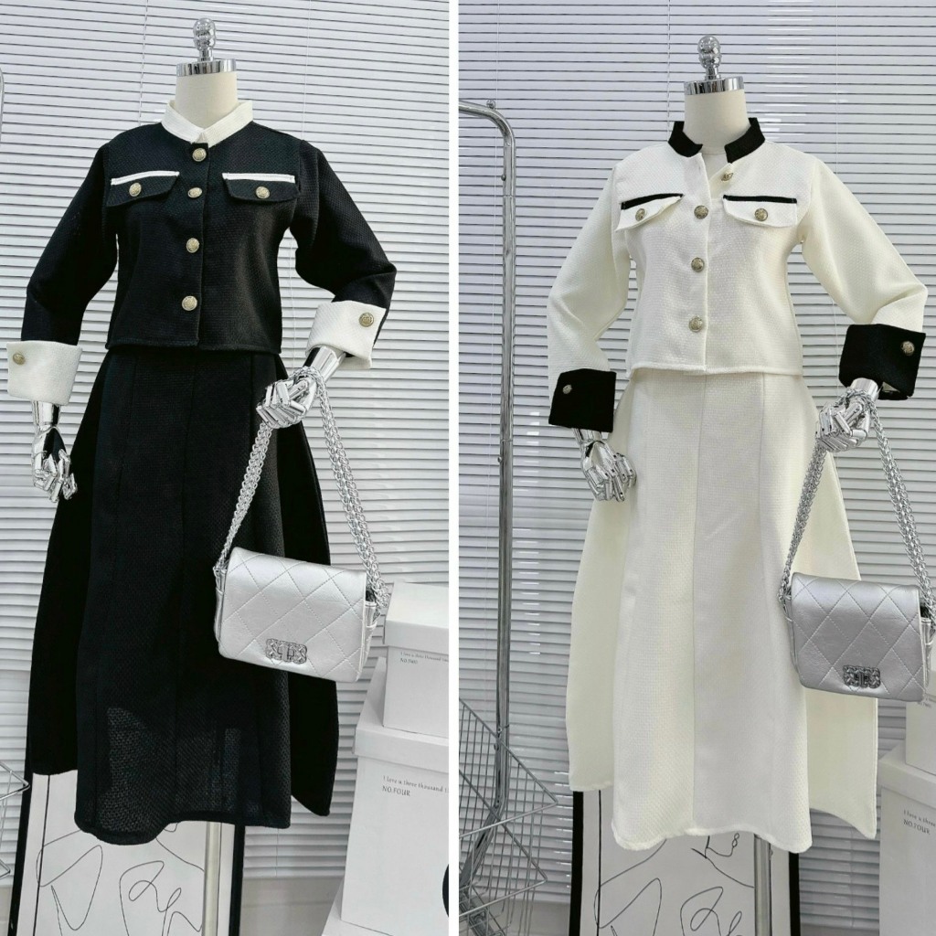 BIGSIZE HIẾU HIẾU  - Set áo tay dài phối nút kèm chân váy dáng dài thanh lịch