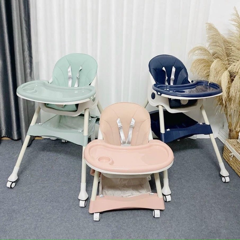 Ghế ăn dặm ngả lưng, điều chỉnh được 3 tư thế, có bánh xe + đệm gấp gọn hàng cao cấp