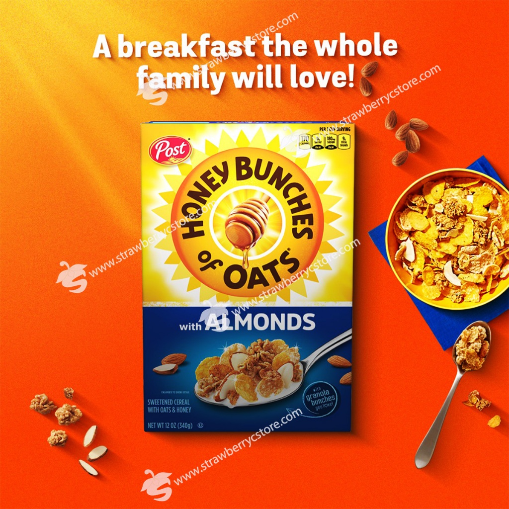 Ngũ Cốc Ăn Sáng Yến Mạch Mật Ong Với hạnh Nhân Post Honey Bunches of Oats with Almonds Breakfast Cereal, Hộp 510g