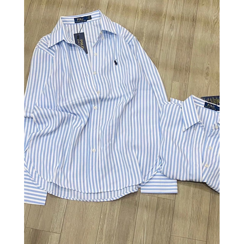 Áo Sơ Mi Nữ Kẻ Sọc Nhí Thêu Xinh Form Rộng Pastel Phong Cách Hàn Quốc