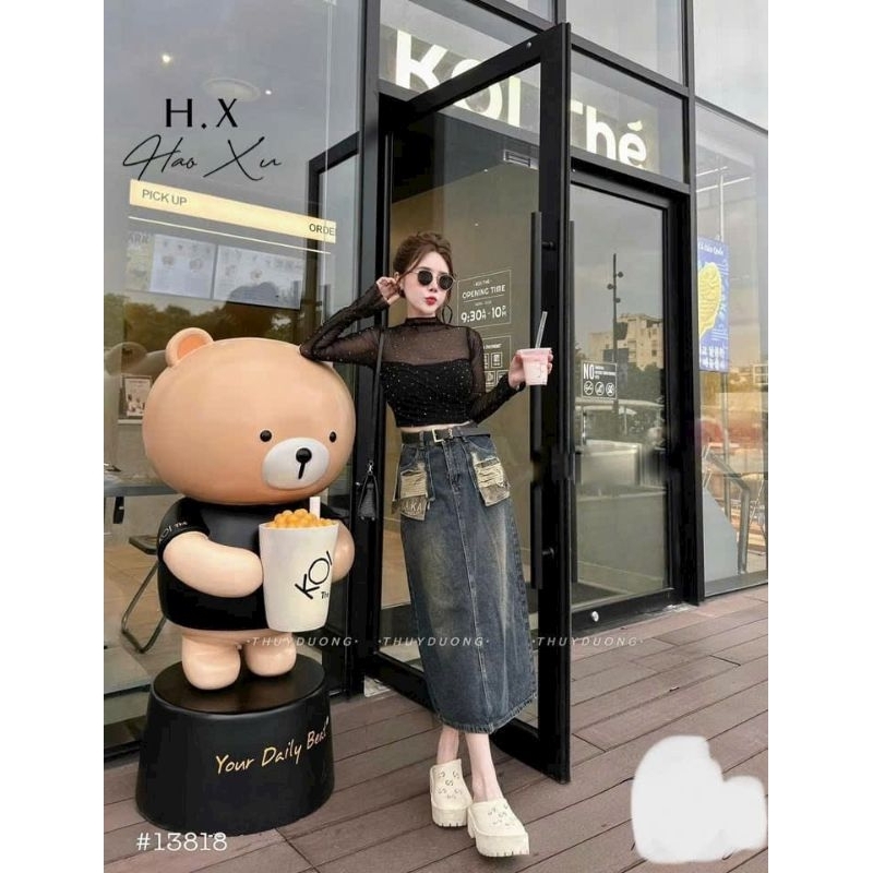 Chân váy jeans dài lộ túi KAKA kèm đai hàng QCL1