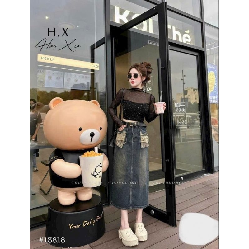 Chân váy jeans dài lộ túi KAKA kèm đai hàng QCL1