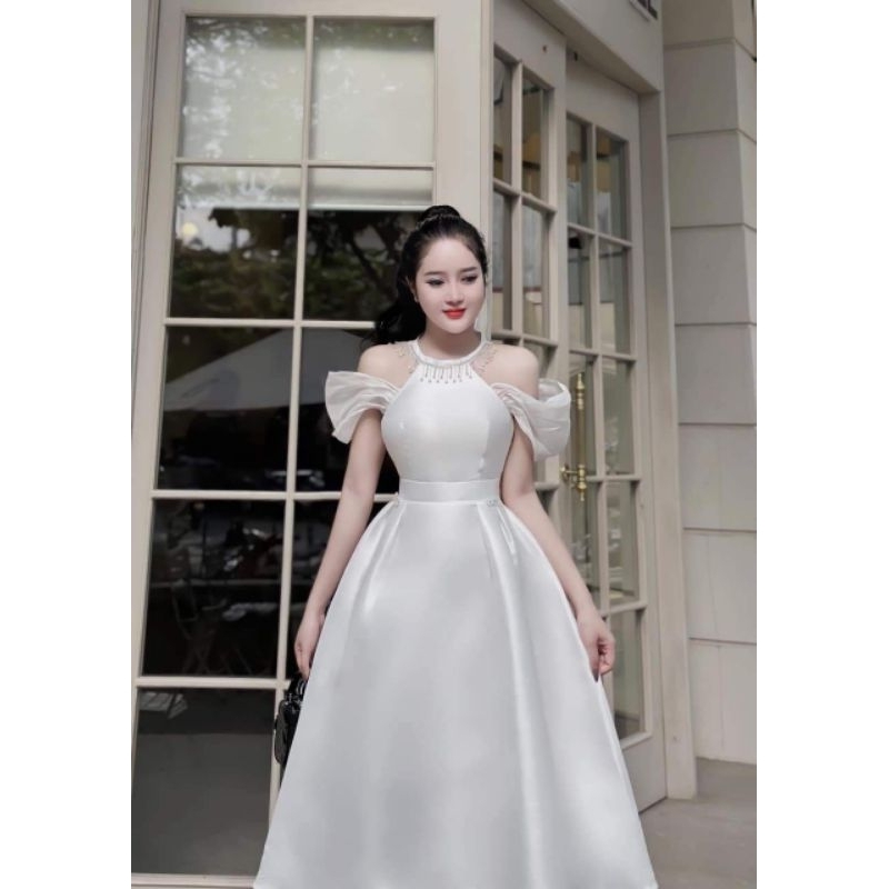 Đầm xòe Tapta trễ vai phối voan tơ Organza mix dây yếm đá cực xinh kèm phụ kiện siêu HOT