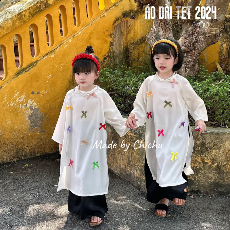 Áo Dài Tết Bé Gái Cách Tân Nơ Nhí CHICHU Lụa Ngọc Trai Mềm Dáng Rộng - Tặng Kèm Bờm và Dây Ngọc Trai