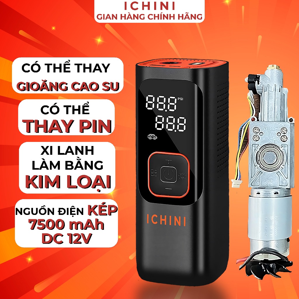  Bơm lốp ô tô không dây Ichini 12000 mAh 7500 mAh 4000 mAh xi lanh đôi 160 psi  nguồn điện kép 