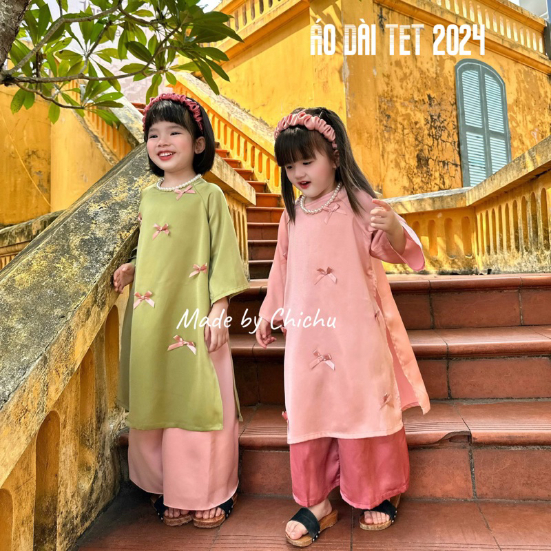 Áo Dài Tết Bé Gái Cách Tân Nơ Nhí CHICHU Lụa Ngọc Trai Mềm Dáng Rộng - Tặng Kèm Bờm và Dây Ngọc Trai