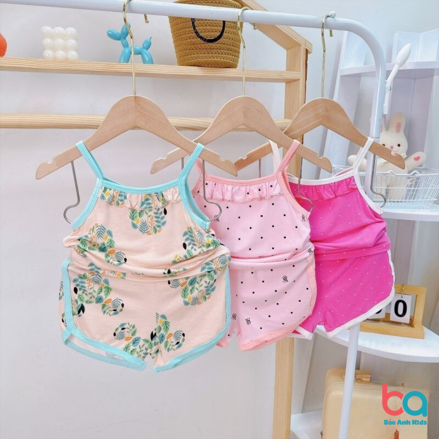 Đồ Bộ hai dây in hình hoa nhí chấm bi đáng yêu cho bé gái chất thun lạnh mềm mịn