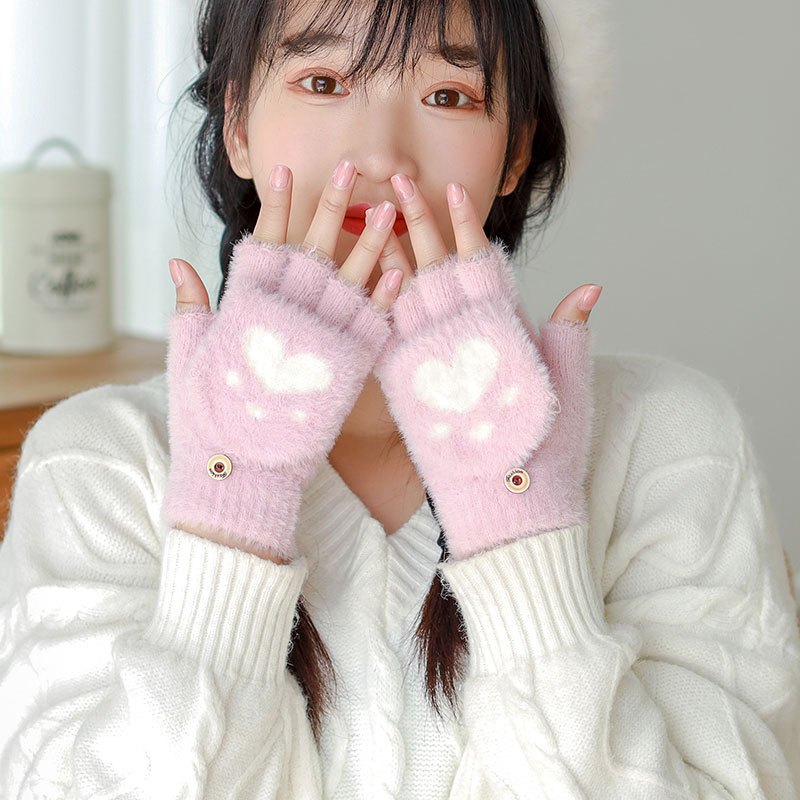 Găng Tay Chân Mèo Mùa Đông Trùm Kèm Hở Ngón Lông Thỏ Xinh Xắn