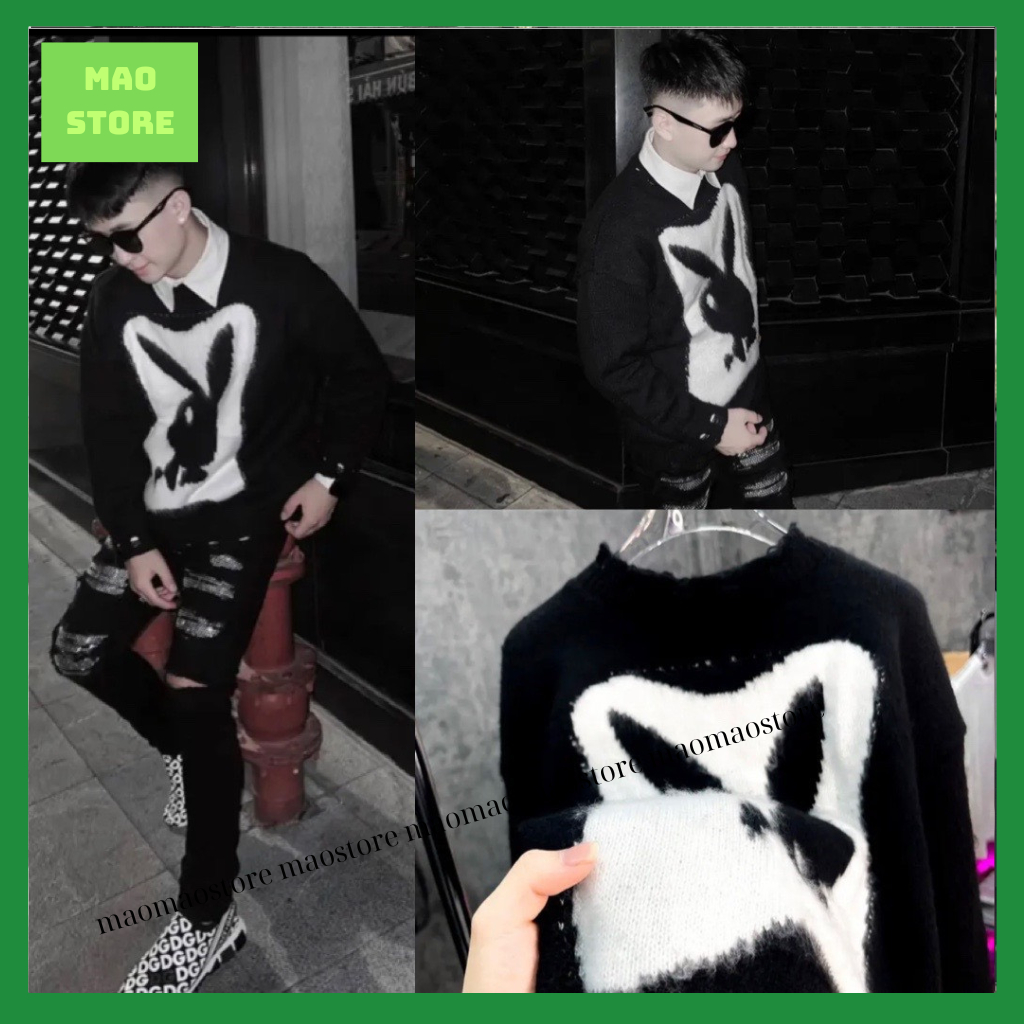 Áo Len Sweater Nam Play Boy Rách Dệt Hình Chú Thỏ Siêu Nét Trước Ngực Bo Ống Dày Dặn Cao Cấp Cho Các Boy Phố Đi Học Hot