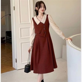 Váy len nữ dáng dài suông, Đầm len suông phom rộng màu đen cổ diềm trắng hàng Quảng Châu Style Hàn Quốc