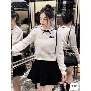 Áo Len Dài Tay Miumiu Kèm Nơ Cổ Trơn Basic Cao Cấp Freesize