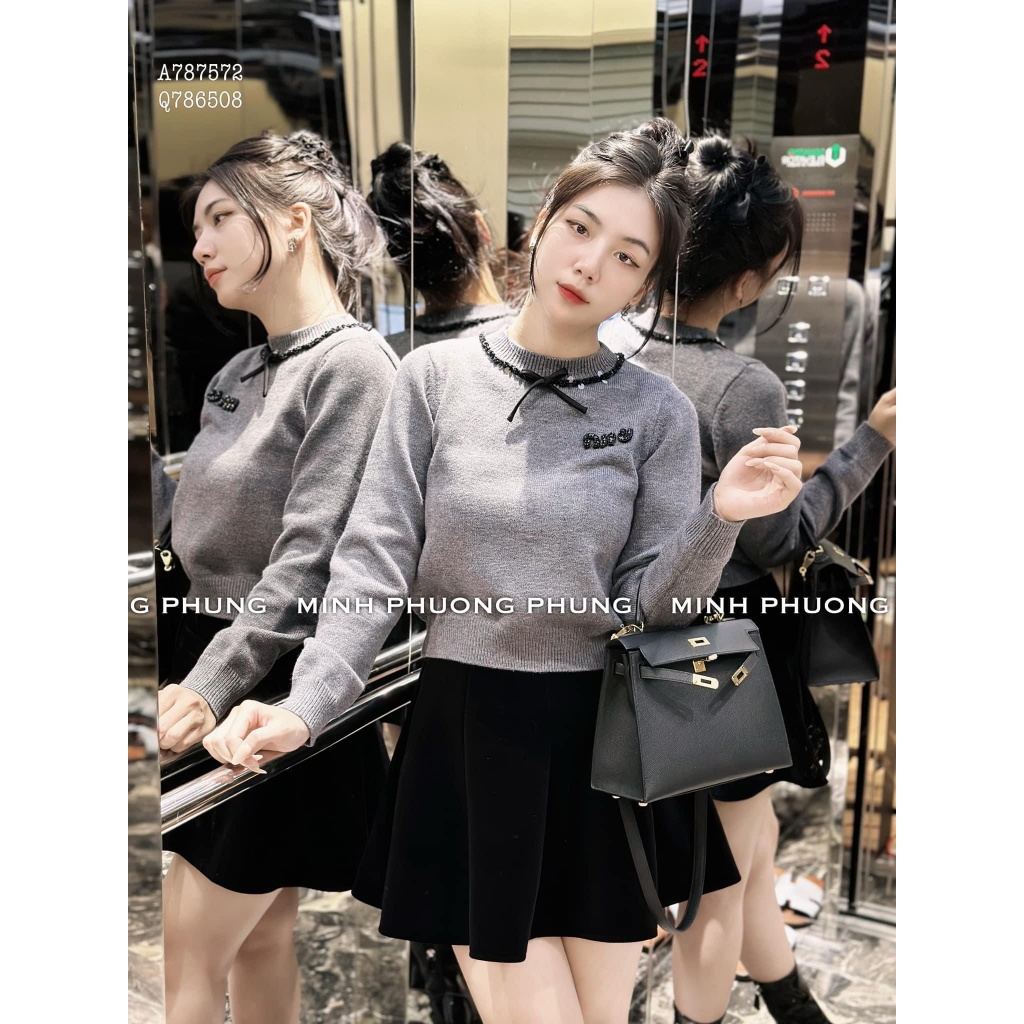 Áo Len Dài Tay Miumiu Kèm Nơ Cổ Trơn Basic Cao Cấp Freesize