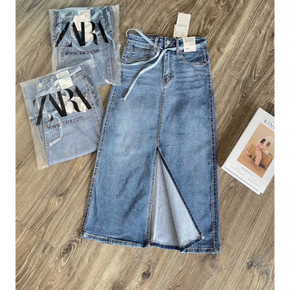 Chân váy midi xẻ trước kèm belt dây ZR