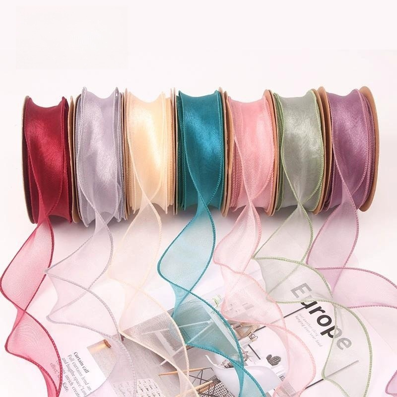 Dây ruy băng voan, băng vải, lụa 4 cm dùng để trang trí quà tặng sinh nhật, thiệp cưới, làm nơ bánh kem viền sòng vàng