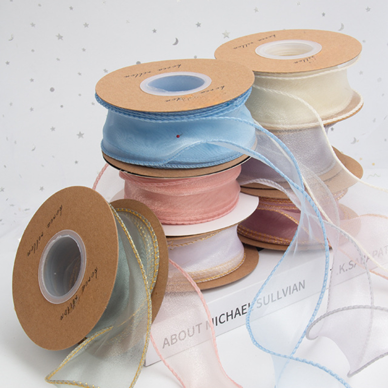 Dây ruy băng voan, băng vải, lụa 4 cm dùng để trang trí quà tặng sinh nhật, thiệp cưới, làm nơ bánh kem viền sòng vàng