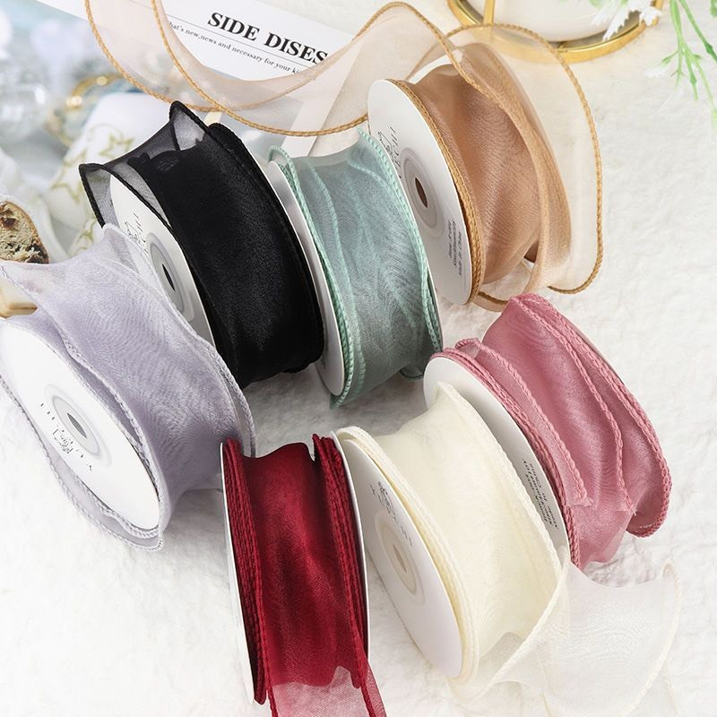 Dây ruy băng voan, băng vải, lụa 4 cm dùng để trang trí quà tặng sinh nhật, thiệp cưới, làm nơ bánh kem viền sòng vàng