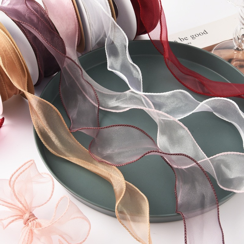 Dây ruy băng voan, băng vải, lụa 4 cm dùng để trang trí quà tặng sinh nhật, thiệp cưới, làm nơ bánh kem viền sòng vàng