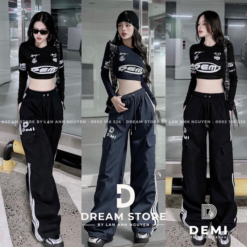 Set Thể Thao Thiết Kế Áo Croptop Dài Tay Phối Quần Suông Ống Rộng Túi Hộp Hack Dáng Sang Chảnh
