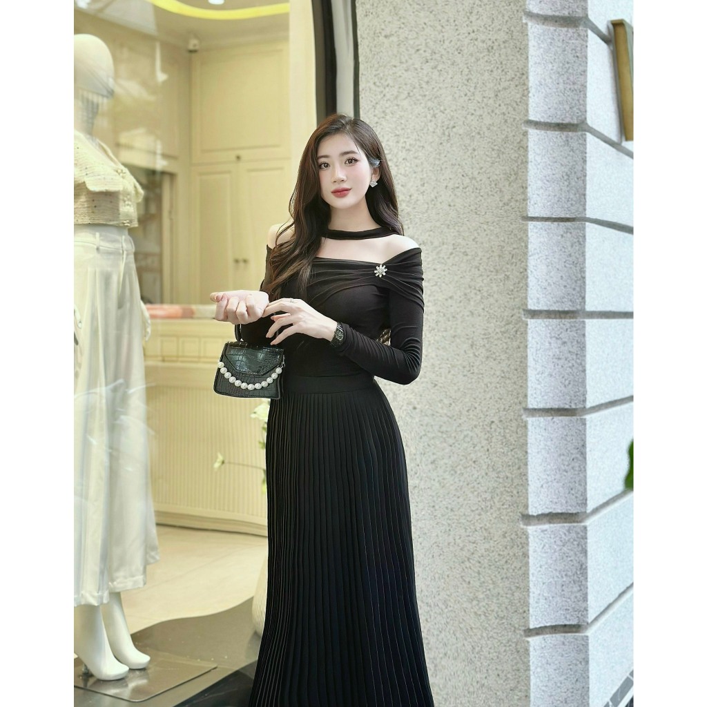 Đầm váy nữ hàng thiết kế dáng dài vải thun tằm co dãn tùng váy dập ly phối hoa đá ngực thanh lịch, quý phái