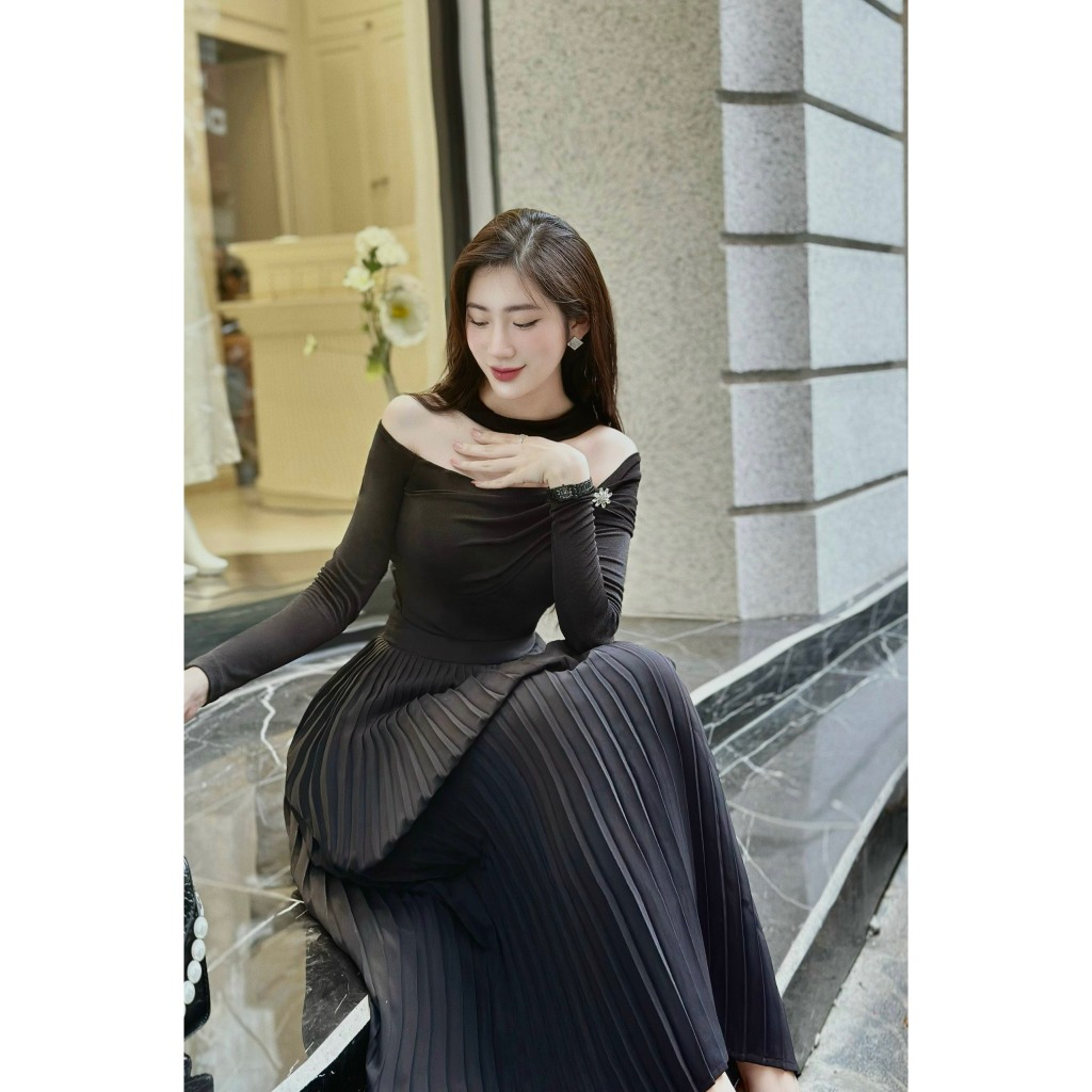 Đầm váy nữ hàng thiết kế dáng dài vải thun tằm co dãn tùng váy dập ly phối hoa đá ngực thanh lịch, quý phái