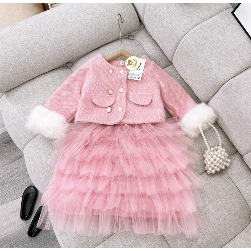Set Váy Dạ Lông chân váy nhiều tầng cho bé gái
