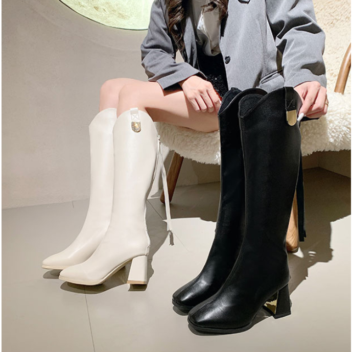 Bốt đùi nữ đế 8phân kéo khoá gót Vàng, khuy vàng da bóng da mềm không đau chân mã LC 33