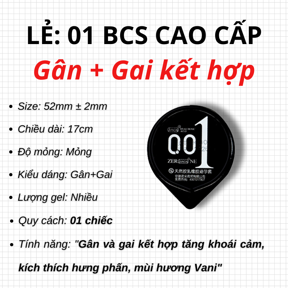 Bao cao su Juncai 0.01 siêu mỏng kéo dài thời gian 01 chiếc bcs