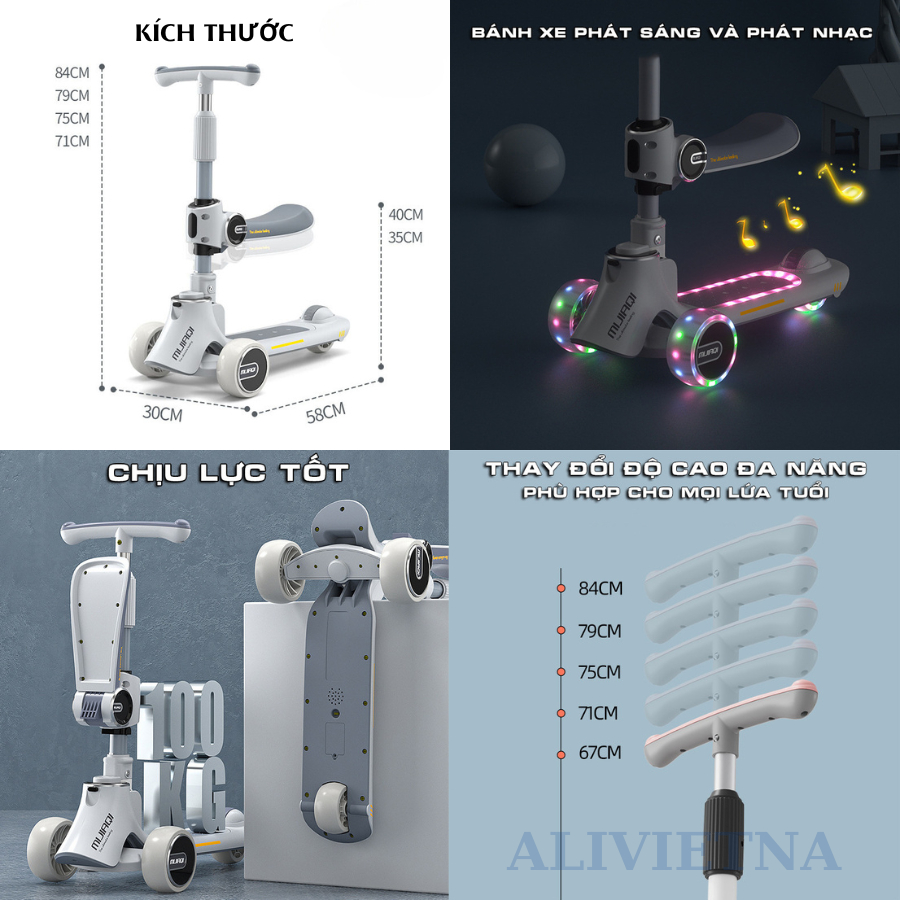 Scooter MIJIAQI  Có Nhạc Và Đèn Phát Sáng Cho Bé, Tải Trọng 100Kg, Điều Chỉnh Được Độ Cao Tay Lái, Yên Xe