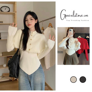 Ship Hoả Tốc-set áo len tiểu thư cổ tim vạt nhọn mix choàng cài khuy tua rua