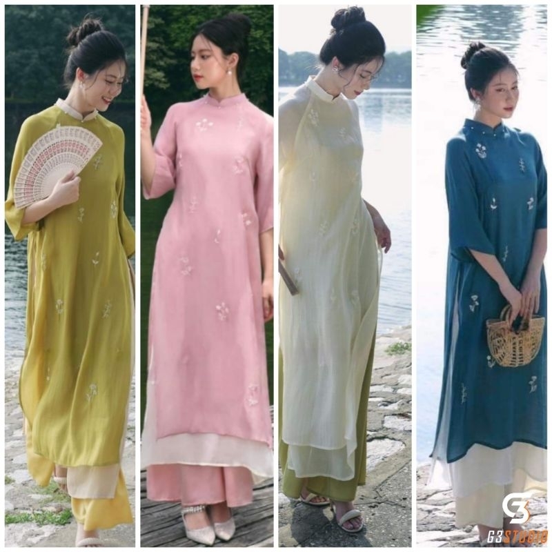 🥳Áo dài cách tân tơ óng tà tết đẹp hàng thiết kế đính kết giá sỉ