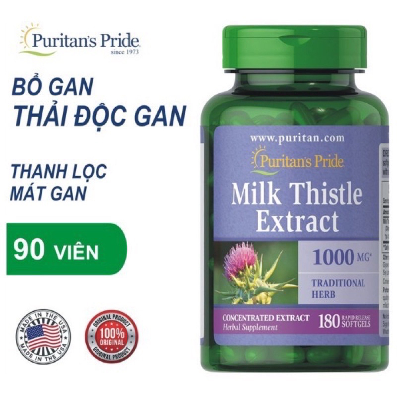 Viên uống giải độc,làm mát gan Milk Thistle Extract Puritan's Pride 1000mg 180 viên - Hàng Mỹ
