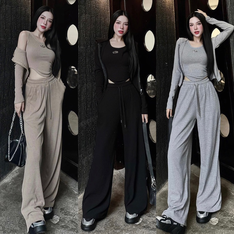 Set Thể Thao Thiết Kế 3 Chi Tiết Áo Croptop + Áo Khoác Phối Quần Suông Ống Rộng Hack Dáng Sang Chảnh