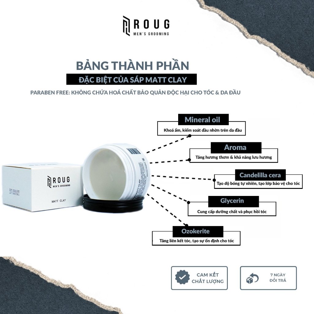 Sáp vuốt tóc Roug Matt Clay, Matte Clay 90gr tặng lược Chaoba - Chính hãng Singapore