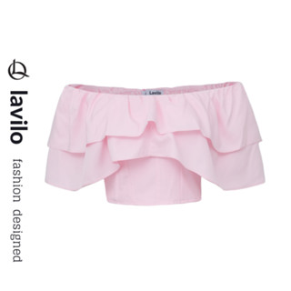 Áo croptop kiểu trễ vai bèo nữ không mút ngực dễ thương chất vải chéo giãn mềm mại chóng nhăn tốt LAVILO CRT 14