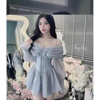 Set váy tơ bèo trễ vai kèm quần sooc tacta rời