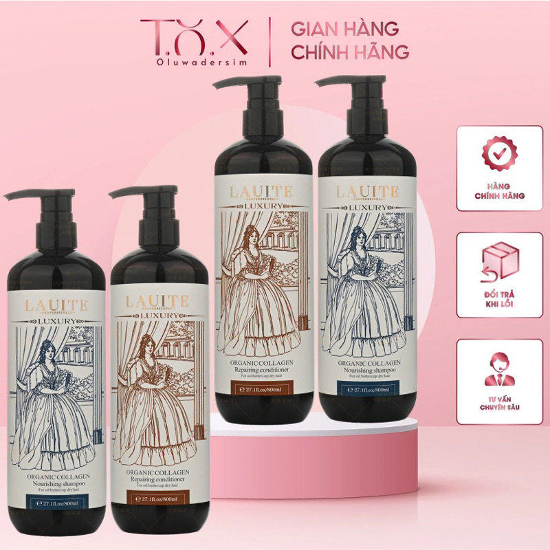 Dầu gội xả Lauite Luxury 800ml phục hồi hư tổn, khô xơ, chẻ ngọn, tóc nhuộm tẩy, giữ màu tóc nhuộm, giảm rụng