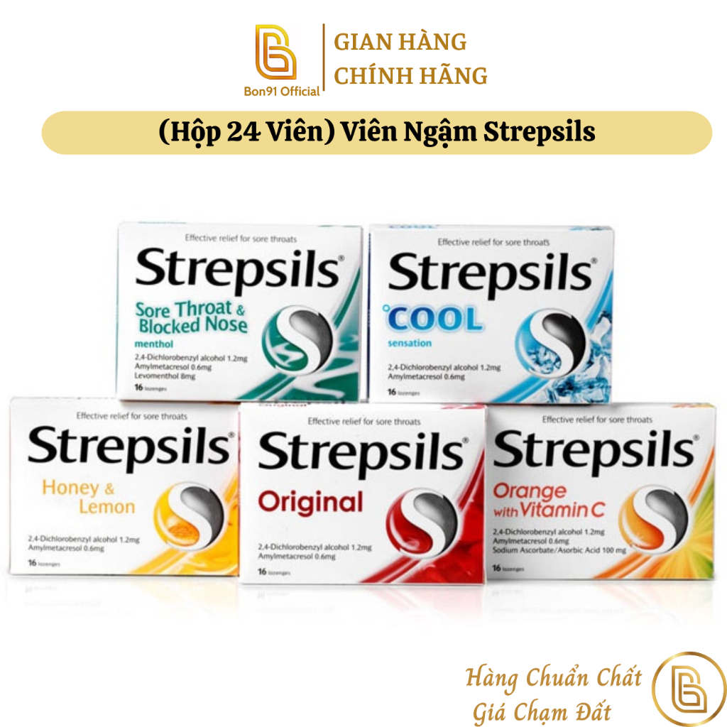 (Hộp 24 Viên) Viên Ngậm Strepsils giảm đau họng khàn tiếng đủ vị