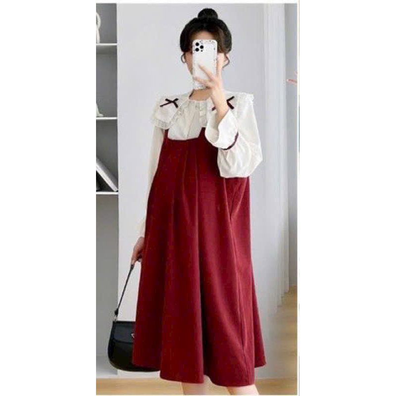 Váy bầu, đầm bầu B605 thu đông thiết kế cổ sen chất nhung mềm mịn, váy đầm công sở dự tiệc điệu đà Hot Trend