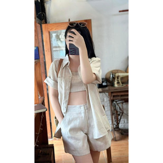 Set áo sơ mi kèm bra vải linen tưng premium